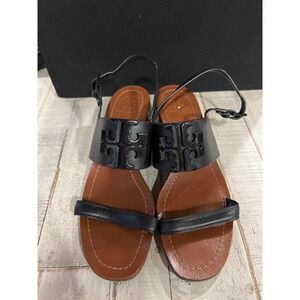Tory Burch Lowell Black Leather Logo Buckle Block Heel Sandals Womens 8M Preppy